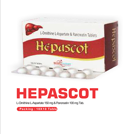 Product Name: Hepascot, Compositions of Hepascot are L-Ornitine L-Aspartate & Pancreatin Tablets - Scothuman Lifesciences