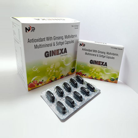 Product Name: Ginexa, Compositions of Ginexa are Antioxidant with Ginseg,Multivitamin & Multimineral &  Softgel Capsules - Noxxon Pharmaceuticals Private Limited