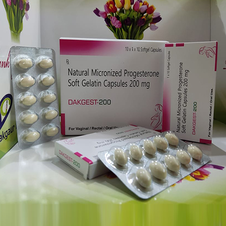 Product Name: Dakgest 200, Compositions of Dakgest 200 are Natural Micronized Progesterone Soft Gelatin Capsules 200 mg - Dakgaur Healthcare