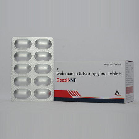 Product Name: GAPZIL NT, Compositions of GAPZIL NT are Gabapentin & Nortriptyline Tablets - Alencure Biotech Pvt Ltd