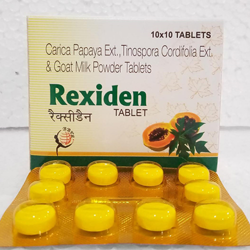 Product Name: REXIDEN, Compositions of REXIDEN are Carica Papaya Ext.,Tinospora Cordifolia Ext, & goat Milk Powder Tablets - Biomax Biotechnics Pvt. Ltd