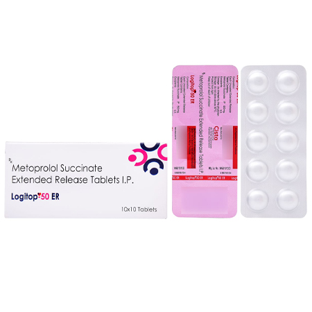 Product Name: LOGITOP 50 ER, Compositions of LOGITOP 50 ER are Metoprolol Succinate Extended Release Tablets IP - Cista Medicorp