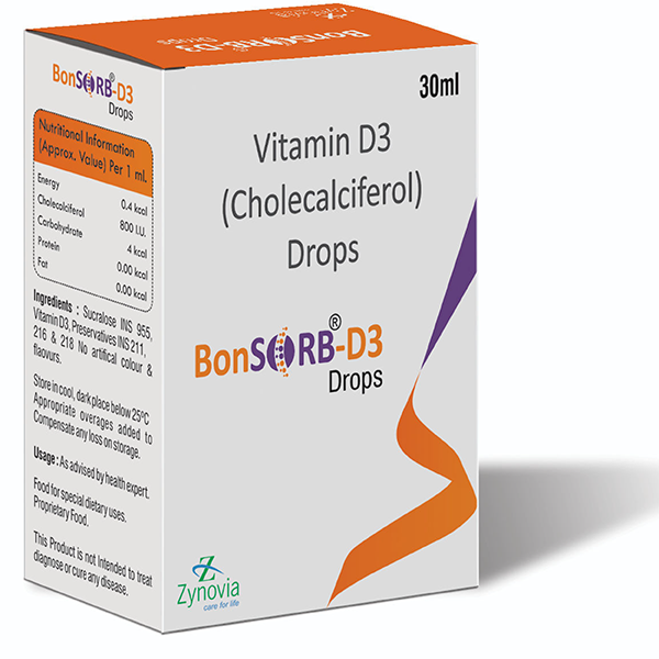 Product Name: Bonsorb D3 Drops, Compositions of Bonsorb D3 Drops are Vitamin D3 Cholecalciferol Drops - Zynovia Lifecare