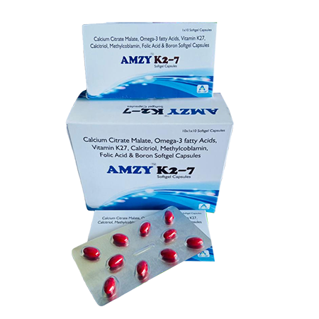 Product Name: Amzy K2 7, Compositions of Amzy K2 7 are Calcium Citrate, Maleate, Omega-3 Fatty Acids, Vitamin K2-7, Calcitriol, Methylcobalamin, Folic Acid & Boron Softgel Capsules - Amzy Life Care