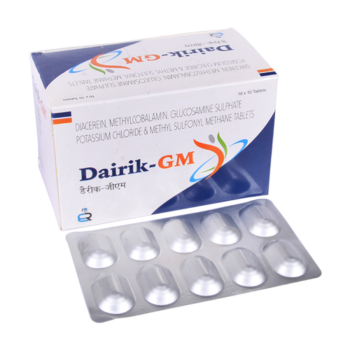 Product Name: Dairik GM, Compositions of Dairik GM are GLUCOSAMINE SULPHATE, SODIUM CHLORIDE 750, DIACEREIN 50 METHYL SULFONY METHANE 250 - Erika Remedies