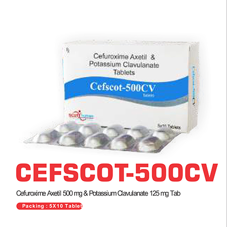 Product Name: Cefozec 500 cv, Compositions of Cefozec 500 cv are Cefuroxime Axetil & Potassium Clavulanate Tablets  - Scothuman Lifesciences