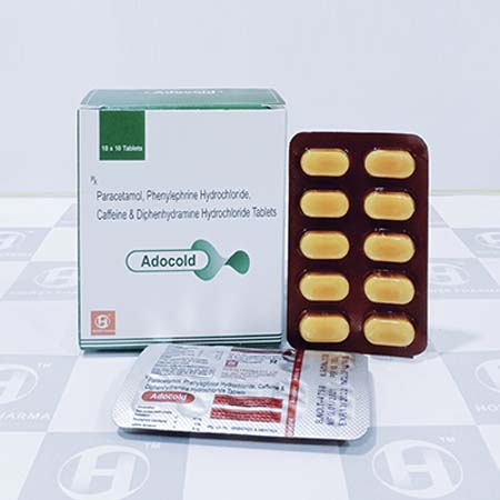 Product Name: Adocold, Compositions of Adocold are Paracetamol,Phenylephrine Hydrochloride,Caffeine & Diphenhydramine Hydrochloride Tablets - Hower Pharma Private Limited