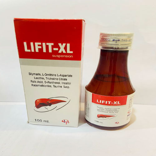 Product Name: Lifit XL, Compositions of Lifit XL are Silymarin, Lecithin, L-Aspartate, Lecithin, Tricholine Citrate, Folic Acid, D-pentheroine, inositol, racemethionine, turine syrup - Disan Pharma