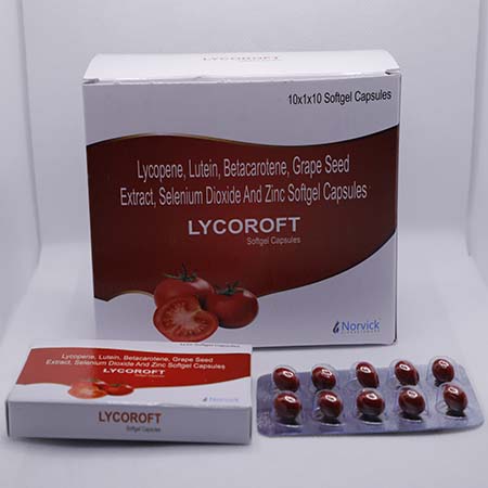 Product Name: Lycoroft, Compositions of Lycoroft are Lycopene, Luteon, Betacarotene, Grape Seeds Extract, Selenium Dioxide and Zinc Softgel Capsules - Norvick Lifesciences