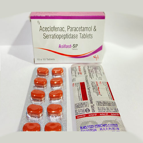Product Name: Asifast SP, Compositions of Asifast SP are Aceclofenac,Paracetamol and Serratiopepetidase Tablets - Disan Pharma