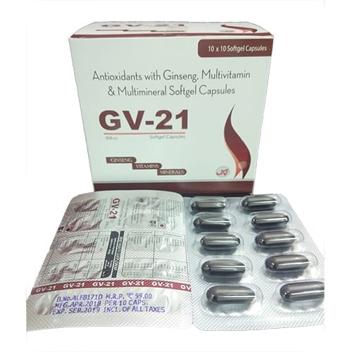 Product Name: GV 21 Softgel Capsules, Compositions of GV 21 Softgel Capsules are Ginseng with Multi Vitamins, Multi Minerals with Biotin - JV Healthcare