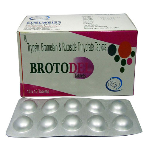Product Name: BROTODEL, Compositions of BROTODEL are Trypsin 48mg + Bromlain 90mg + Rutoside 100mg - Edelweiss Lifecare