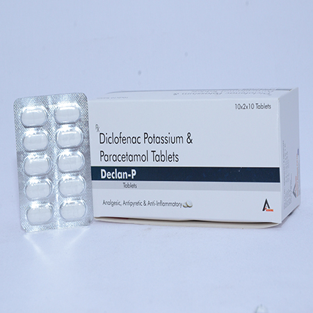 Product Name: DECLAN P, Compositions of DECLAN P are Diclofenac Potassium & Paracetamol Tablets - Alencure Biotech Pvt Ltd