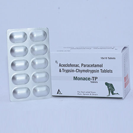 Product Name: MONACE TP, Compositions of MONACE TP are Aceclofenac, Paracetamol & Trypsin-Chymotrypsin Tablets - Alencure Biotech Pvt Ltd
