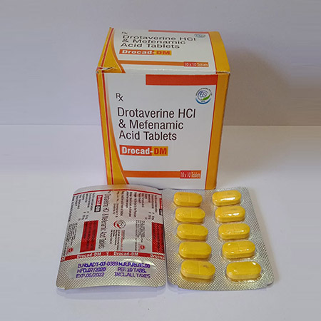 Product Name: Drocad DM, Compositions of Drotaverine HCl & Mefenamic Acid Tablets are Drotaverine HCl & Mefenamic Acid Tablets - Adegen Pharma Private Limited