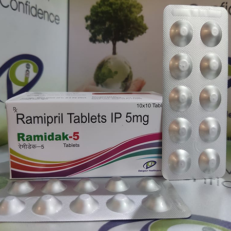Product Name: Ramidak 5, Compositions of Ramidak 5 are Ramipril Tablets IP 5 mg - Dakgaur Healthcare