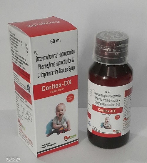 Product Name: Coritex DX, Compositions of Coritex DX are Dextromethorphan Hydrobromide,Phenylephrin Hydrochloride and Chlorpheniramine Maleate Syrup - Aidway Biotech