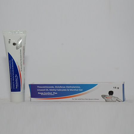 Product Name: DEEP COMFORT PLUS, Compositions of DEEP COMFORT PLUS are Thiocolchicoside, Dicofenac Diethylamine, Linseed Oil, Methyl Salicylate & Menthol Gel - Alencure Biotech Pvt Ltd