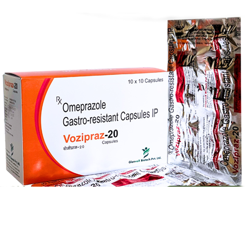 Product Name: Vozipraz 20, Compositions of Vozipraz 20 are Omeprazole Gastro Resistant Capsules - Glenvox Biotech Private Limited