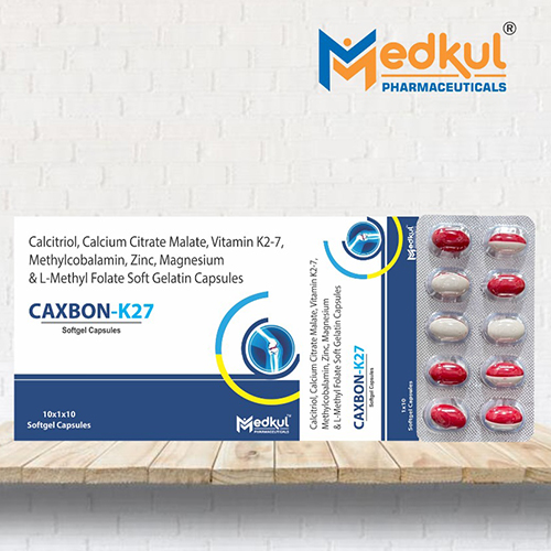 Product Name: Caxbon K27, Compositions of Caxbon K27 are Calcitrol,Calcium Citrate Malate,Vitamin k27 ,Methylcobalamin,Zinc,Magnesium & L-Methyl Folate Soft Gelatin Capsules - Medkul Pharmaceuticals