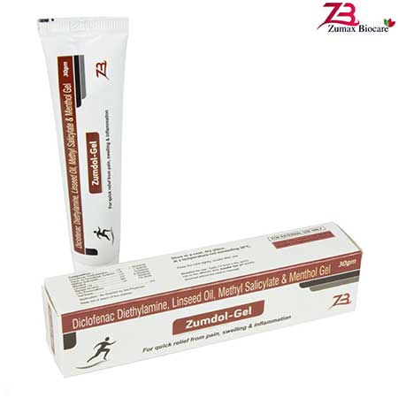 Product Name: Zumdol Gel, Compositions of Zumdol Gel are Diclofenac  Diethylamine,Linseed Oil,Methyl Salicylate & Menthol Gel - Zumax Biocare