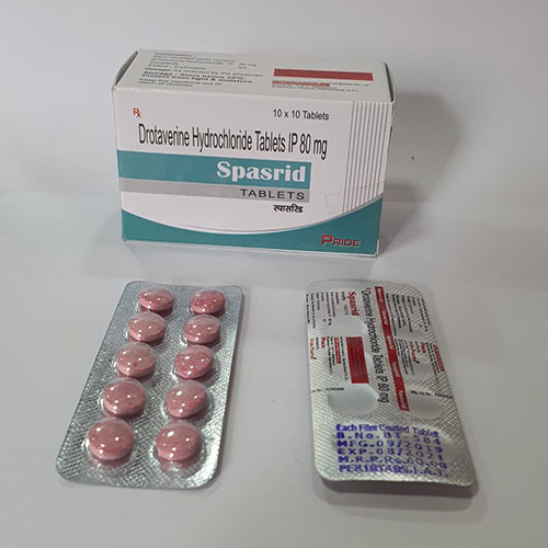 Product Name: Spasrid, Compositions of Spasrid are Drotavarine Hydrochloride Tablets IP 80 mg - Pride Pharma