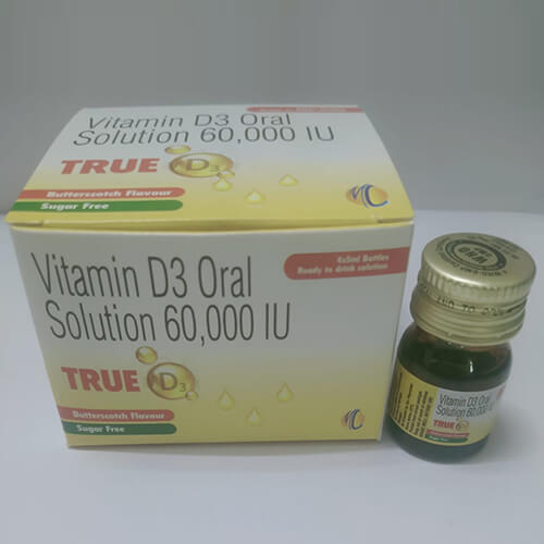 Product Name: True D3, Compositions of True D3 are Vitamin D3 Oral Solution 6000 IU - Macro Labs Pvt Ltd