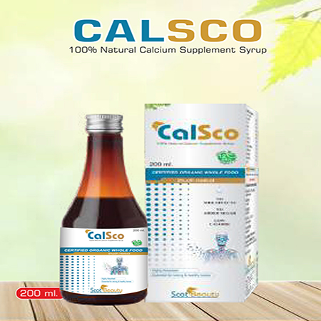 Product Name: Calsco, Compositions of Calsco are 100% Natural Calcium Supplement Syrup - Scothuman Lifesciences