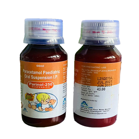 Product Name: PARINOL 250, Compositions of PARINOL 250 are Paracetamol Paediatric Oral Suspension IP - Amzy Life Care