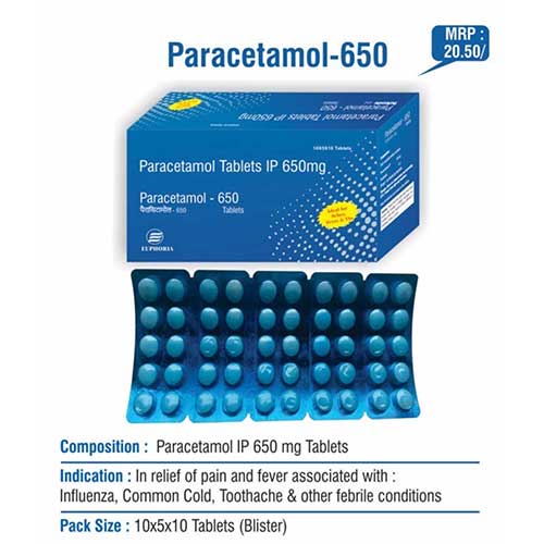 Product Name: Paracetamol 650, Compositions of Paracetamol 650 are Paracetamol Tablets IP 650 mg - Euphoria India Pharmaceuticals