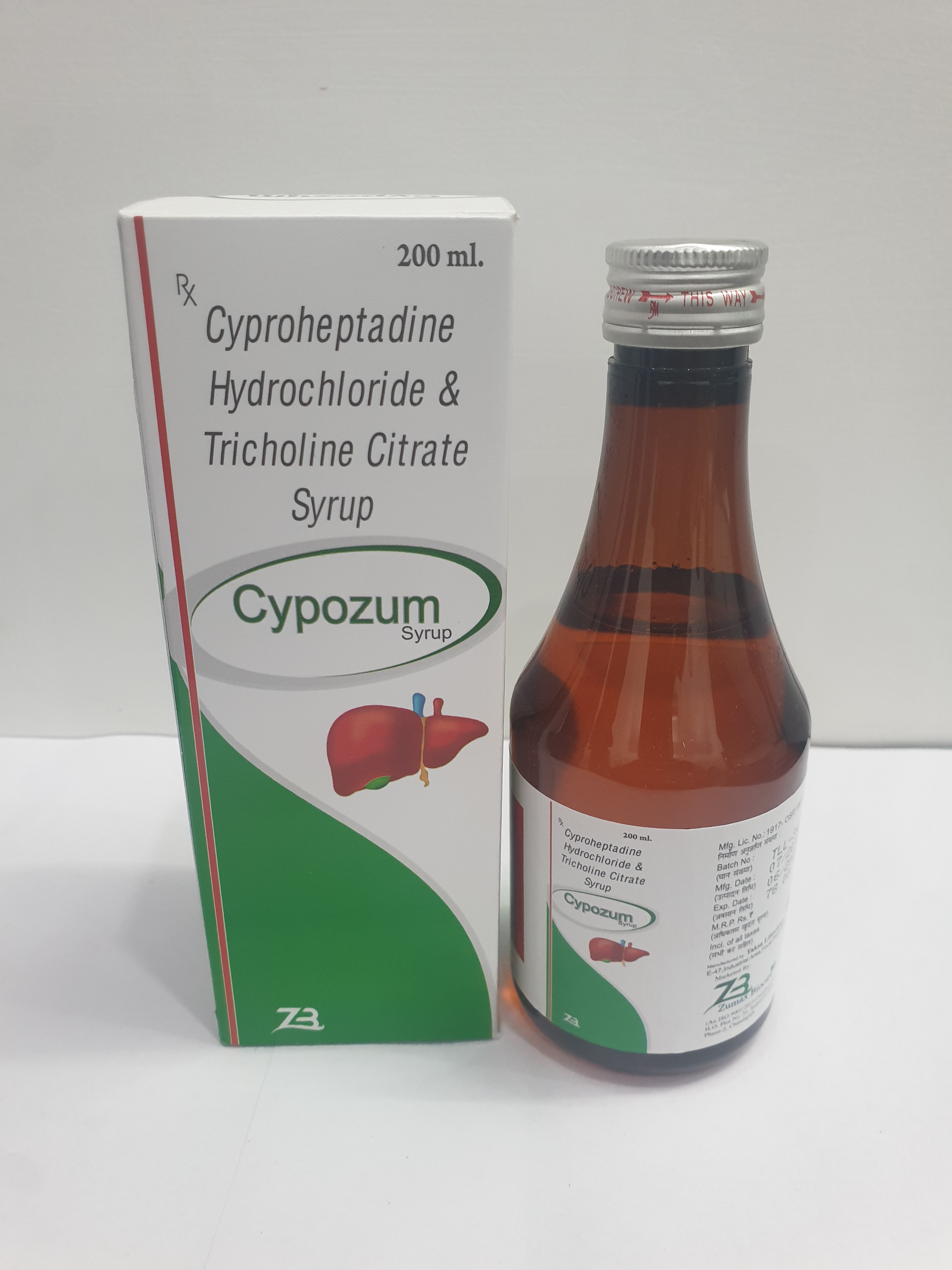 Product Name: Cypozum, Compositions of Cyproheptadine  Hydrochloride & Tricholine Citrate Syrup are Cyproheptadine  Hydrochloride & Tricholine Citrate Syrup - Zumax Biocare