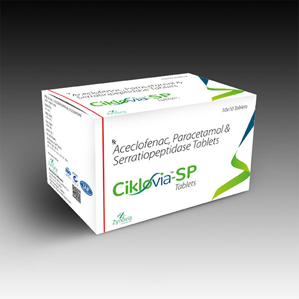 Product Name: Ciklovia SP, Compositions of Ciklovia SP are Aceclofenac Paracetamol & Serratiopeptidase Tablets - Zynovia Lifecare