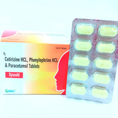 Product Name: SYSCOLD, Compositions of SYSCOLD are Cetrizine HCL, Phenylphrine HCL & Paracetamol Tablets - Ozenius Pharmaceutials