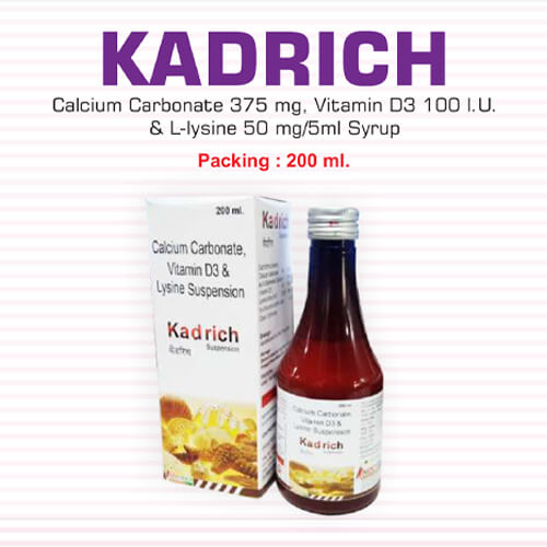 Product Name: Kadrich, Compositions of Kadrich are Calcium Carbonate,Vitamin D3 & Lysine Suspension - Pharma Drugs and Chemicals