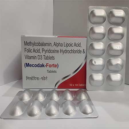 Product Name: Mecodak forte, Compositions of Mecodak forte are Methylcobalamin,Alpha Lipoic Acid, Folic Acid,Pyridoxine,Hydrochloride & Vitamin D3Tablets - Dakgaur Healthcare