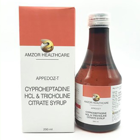Product Name: APPEDOZ T, Compositions of APPEDOZ T are Cyproheptadine HCL & Tricholine Citrate Syrup - Amzor Healthcare Pvt. Ltd