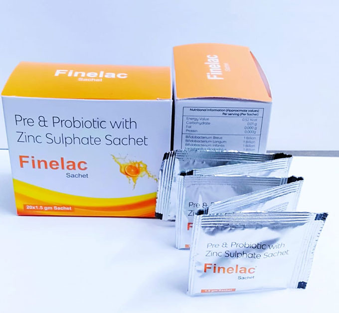 Product Name: Finelac, Compositions of Finelac are Pre & Probiotic With Zinc Sulphate - Finex Lifecare