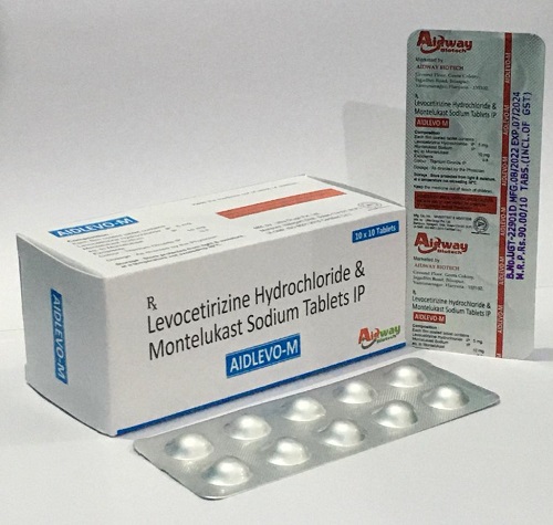 Product Name: Aidlevo M, Compositions of Aidlevo M are Levocetirizine Hydrochloride Montelukast Sodium Tablets IP - Aidway Biotech
