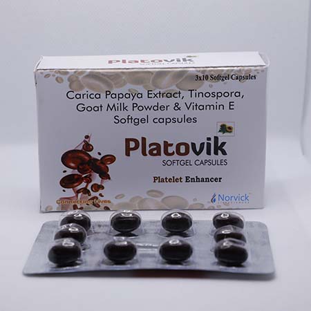 Product Name: Platovik, Compositions of Platovik are Carica Papaya Extract, Tinospara, Goat Milk Powder & Vitamin E Softgel Capsules - Norvick Lifesciences