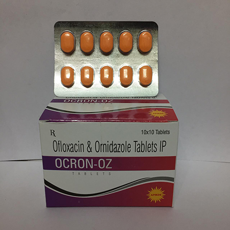 Product Name: OCRON OZ, Compositions of OCRON OZ are Ofloxacin & Ornidazole Tablets IP - Apikos Pharma