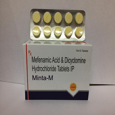 Product Name: MINTA M, Compositions of MINTA M are Mefenamic Acid & Dicyclomine Hydrochloride Tablets IP - Apikos Pharma