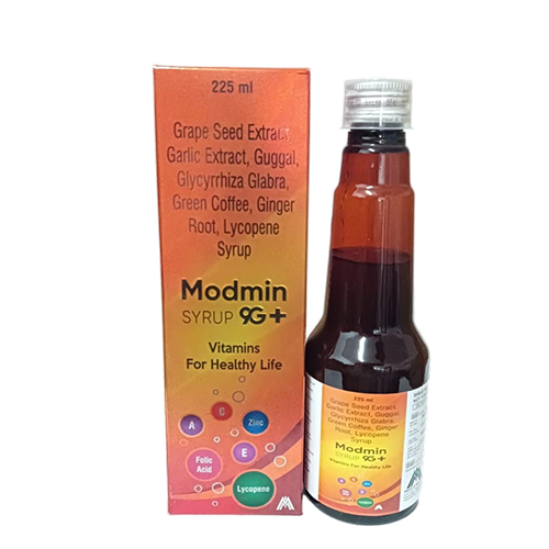 Product Name: Modmin, Compositions of Modmin are Grape Seed Extract Garlic Extract, Guggal, Glycyrrhiza Glabra, Green Coffee, Ginger Root, Lycopene Syrup - Medlo Biotech