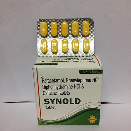 Product Name: SYNOLD, Compositions of SYNOLD are Paracetamo, Phenylphrine HCL, Diphenyhydramine HCL & Caffeine Tablets - Apikos Pharma