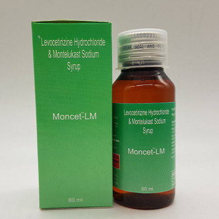 Product Name: Moncet LM Syrups, Compositions of Moncet LM Syrups are Levocetinizine Hydrochloride and Montelukast sodium Syrup - Acinom Healthcare