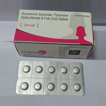 Product Name: Zornet, Compositions of Zornet are Doxylamine Succinate,Pyridoxine HCL & Folic Acid Tablets - Zegchem