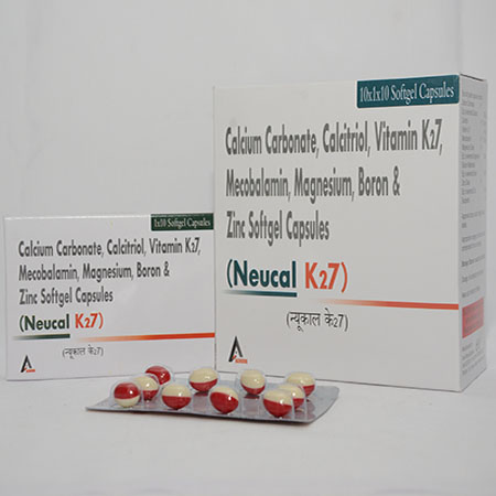 Product Name: NEUCAL K27, Compositions of NEUCAL K27 are Calcium Carbonate, Calcitriol, Vitamin K27, Mecobalamin, Magnesium, Boron & Zinc Softgel Capsules - Alencure Biotech Pvt Ltd