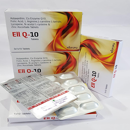 Product Name: Eii q 10, Compositions of Eii q 10 are Astaxanthin, Co Enzymes Q10, Folic Acid, L-Arginine, L-carnitine, L-tattrate , Lycopene, N-acetyl L-cystenine & Zinc Ascrobate Tablets - Ellanjey Lifesciences