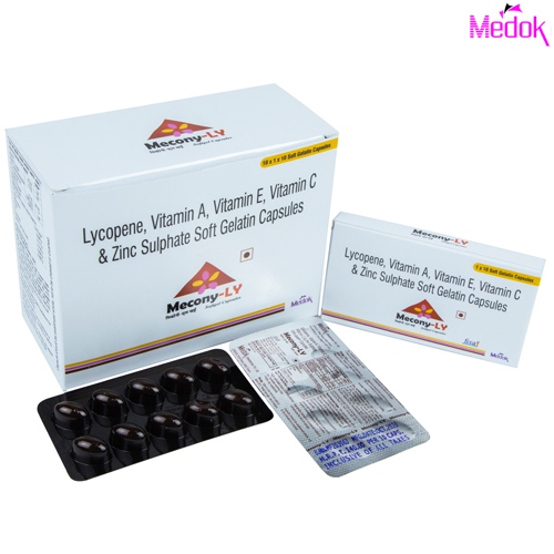 Product Name: Mecony LY, Compositions of are Lycopene 2000mcg, Vit. A 2500 IU, Vit. E 10 IU , Vit. C 50mg - Medok Life Sciences Pvt. Ltd