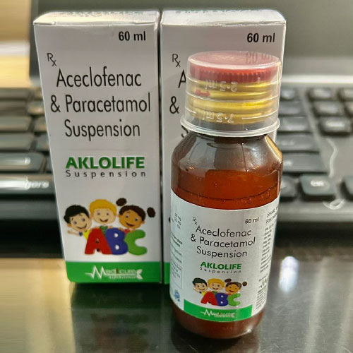 Product Name: AKLOLIFE, Compositions of AKLOLIFE are Aceclofenac & Paracetamol Suspension - Medicure LifeSciences