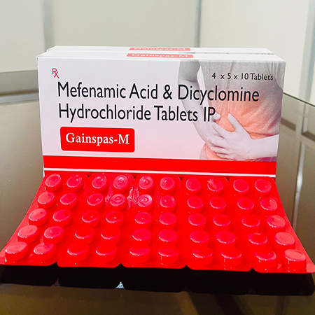Product Name: Gainspas M, Compositions of Gainspas M are Mefenamic Acid & Dicyclomine Hydrochloride Tablets IP - Gainmed Biotech Private Limited